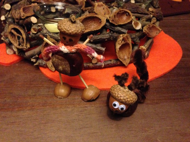 Forest creatures made from acorns and chestnuts