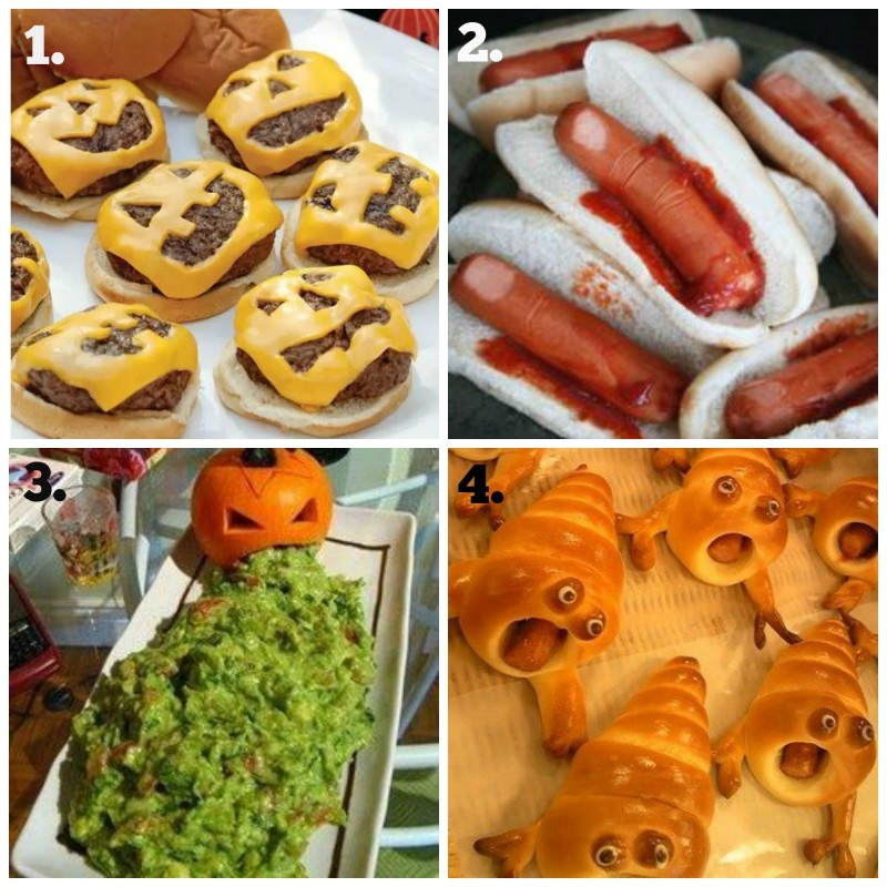 Pumpkin Puke, Bloody Hot dogs fingers, Halloween Burgers